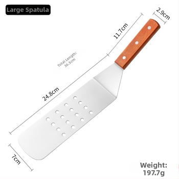 Teppanyaki špachtľa z nerezovej ocele s drevenou rukoväťou — 420 nerezová oceľ; protišmyková, vysokoteplotná odolnosť, ochrana proti popáleninám; vhodná pre teppanyaki a burger