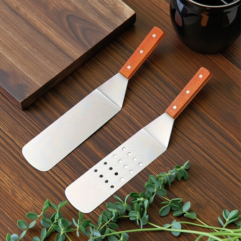 Spatulă Teppanyaki din oțel inoxidabil cu mâner din lemn — oțel inoxidabil 420; anti-alunecare, rezistentă la temperaturi înalte, protecție împotriva arsurilor; potrivită pentru teppanyaki și burger
