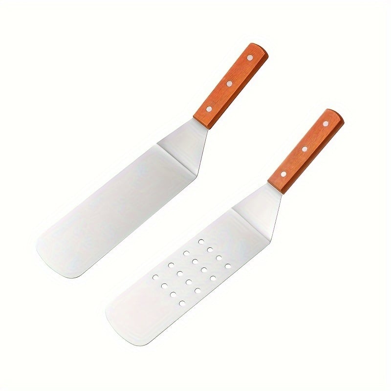 Spatulă Teppanyaki din oțel inoxidabil cu mâner din lemn — oțel inoxidabil 420; anti-alunecare, rezistentă la temperaturi înalte, protecție împotriva arsurilor; potrivită pentru teppanyaki și burger