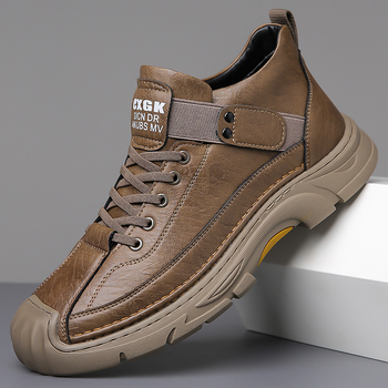 Pantofi de bărbați cu înălțime medie, slip-on, din piele de vită split, talpă din cauciuc, căptușeală din blană artificială, antiaderente și calzi