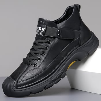 Pantofi de bărbați cu înălțime medie, slip-on, din piele de vită split, talpă din cauciuc, căptușeală din blană artificială, antiaderente și calzi