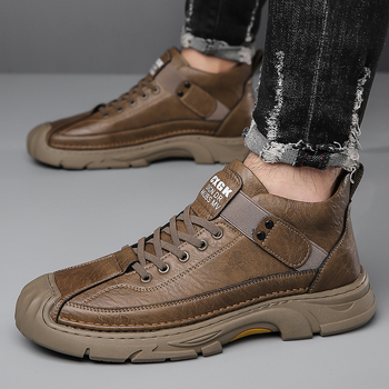 Pantofi de bărbați cu înălțime medie, slip-on, din piele de vită split, talpă din cauciuc, căptușeală din blană artificială, antiaderente și calzi