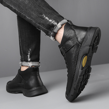 Pantofi de bărbați cu înălțime medie, slip-on, din piele de vită split, talpă din cauciuc, căptușeală din blană artificială, antiaderente și calzi