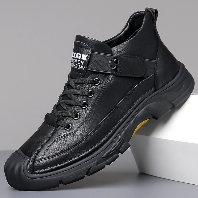 Pantofi de bărbați cu înălțime medie, slip-on, din piele de vită split, talpă din cauciuc, căptușeală din blană artificială, antiaderente și calzi