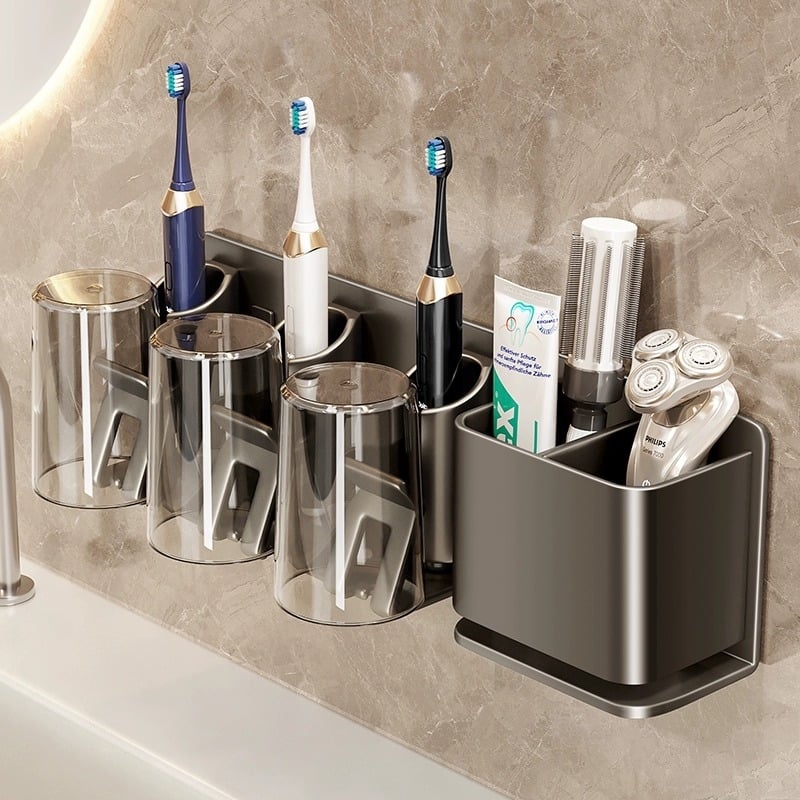 Držač za četkicu za zube, zidni, bez bušenja, držač za čašu za usta i ispiranje, od Space aluminija i ABS-a, ugrađeni sustav