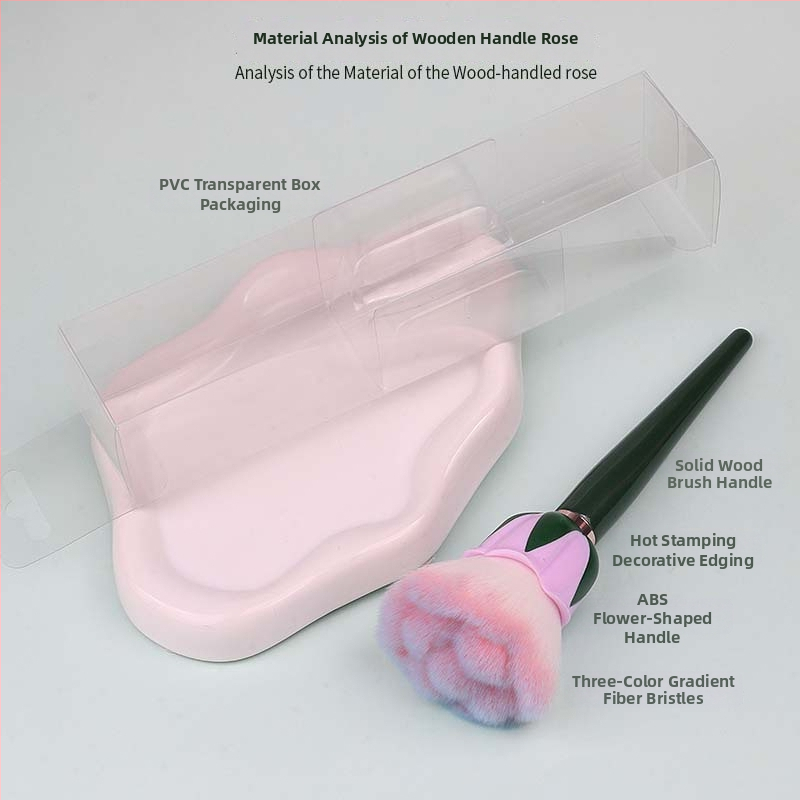 Βούρτσα μακιγιάζ προσώπου για πούδρα και ρουζ με κεφαλή σε σχήμα τριαντάφυλλο, ξύλινη λαβή, συνθετικές τρίχες, μήκος τρίχας 3.5 cm, συνολικό μήκος 18.1 cm