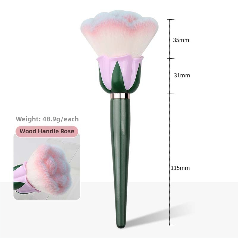 Βούρτσα μακιγιάζ προσώπου για πούδρα και ρουζ με κεφαλή σε σχήμα τριαντάφυλλο, ξύλινη λαβή, συνθετικές τρίχες, μήκος τρίχας 3.5 cm, συνολικό μήκος 18.1 cm