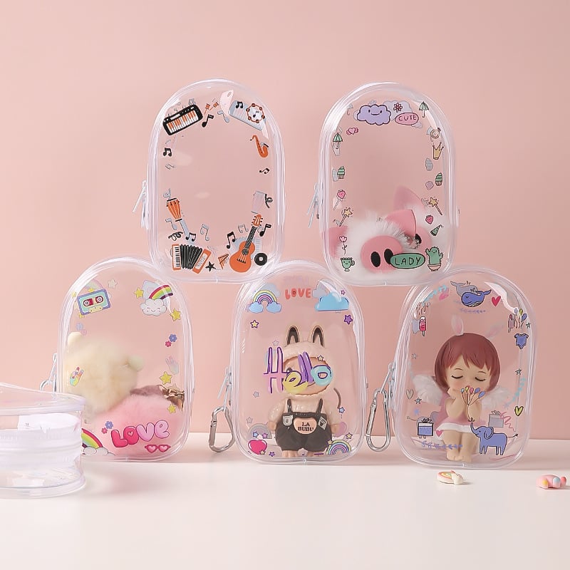 Geantă de depozitare PVC, cubică, cu fermoar dublu, multifuncțională, stil desen animat drăguț