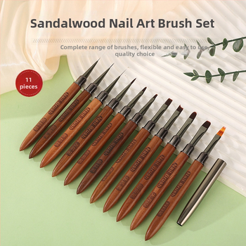 Štětec na nail art s drevenou rúčkou zo santalového dreva, veľká guľatá plochá hlava, dlhý dosah, 12-dielna súprava na kreslenie