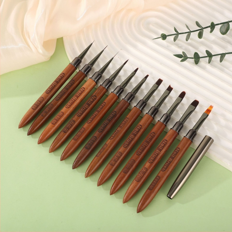 Štětec na nail art s drevenou rúčkou zo santalového dreva, veľká guľatá plochá hlava, dlhý dosah, 12-dielna súprava na kreslenie