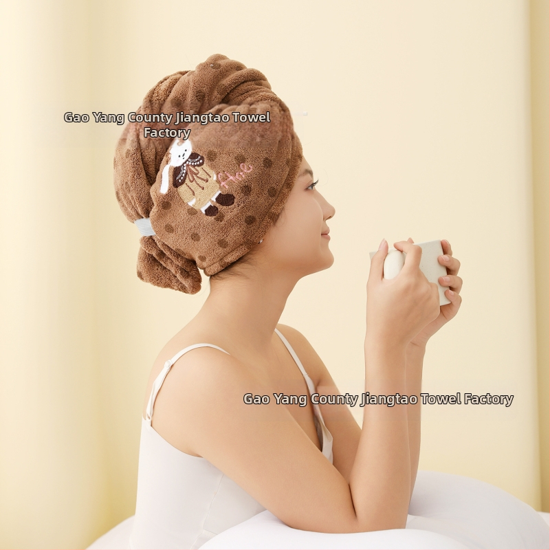 Francia hajszárításhoz való sapka cartoon hímzéssel, nagy széles pántok, coral fleece anyag, gyors száradás és nedvszívás (coral fleece; gyors száradás; nedvszívás; cartoon hímzés; nagy széles pántok)