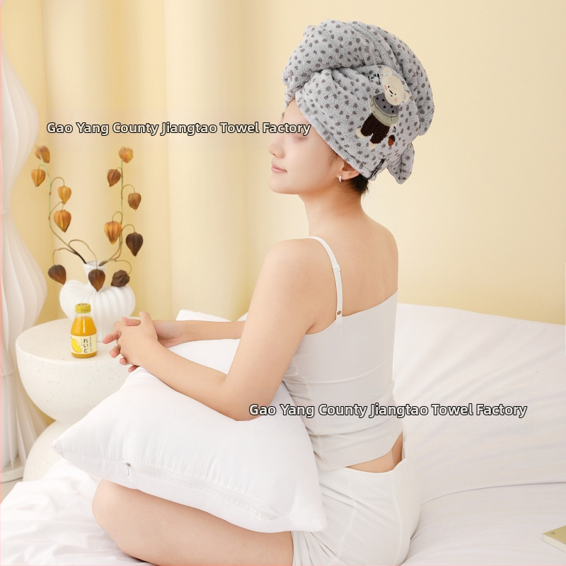 Francia hajszárításhoz való sapka cartoon hímzéssel, nagy széles pántok, coral fleece anyag, gyors száradás és nedvszívás (coral fleece; gyors száradás; nedvszívás; cartoon hímzés; nagy széles pántok)