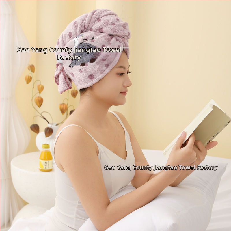 Francia hajszárításhoz való sapka cartoon hímzéssel, nagy széles pántok, coral fleece anyag, gyors száradás és nedvszívás (coral fleece; gyors száradás; nedvszívás; cartoon hímzés; nagy széles pántok)