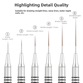 Sada štetcov na manikúru umenie, 6 kusov, s dlhými kovovými rukoväťami a 8 spirálnymi kruhmi pre čiary a maľovanie kvetov