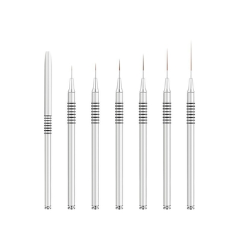 Set pensule pentru artă unghii, 6 bucăți, cu mâner metalic lung și 8 inele spiralate pentru trasarea liniilor și pictarea florilor