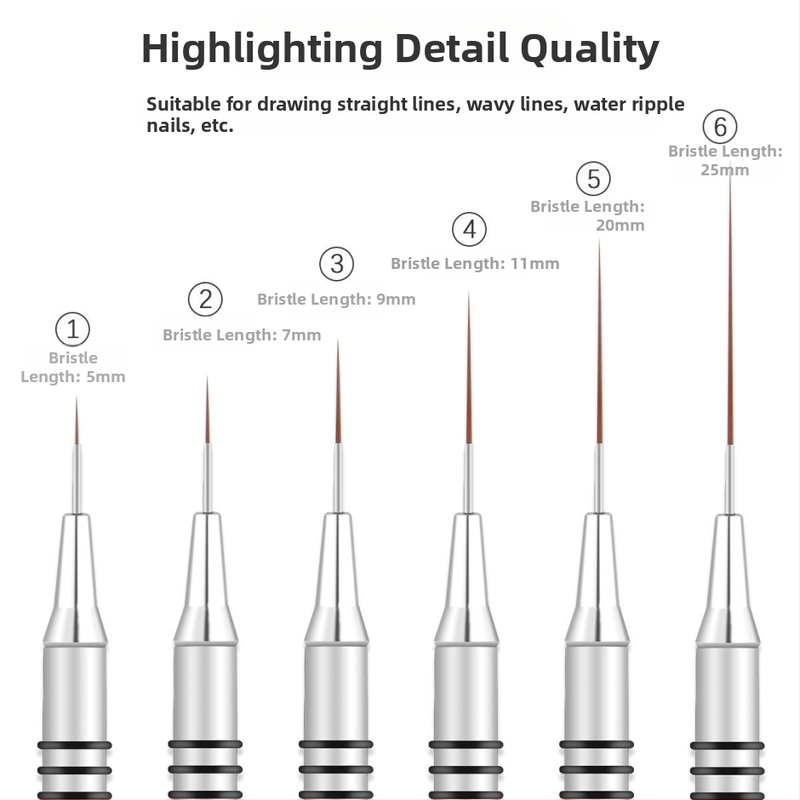 Sada štetcov na manikúru umenie, 6 kusov, s dlhými kovovými rukoväťami a 8 spirálnymi kruhmi pre čiary a maľovanie kvetov