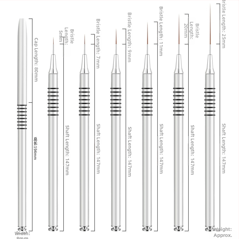 Sada štetcov na manikúru umenie, 6 kusov, s dlhými kovovými rukoväťami a 8 spirálnymi kruhmi pre čiary a maľovanie kvetov