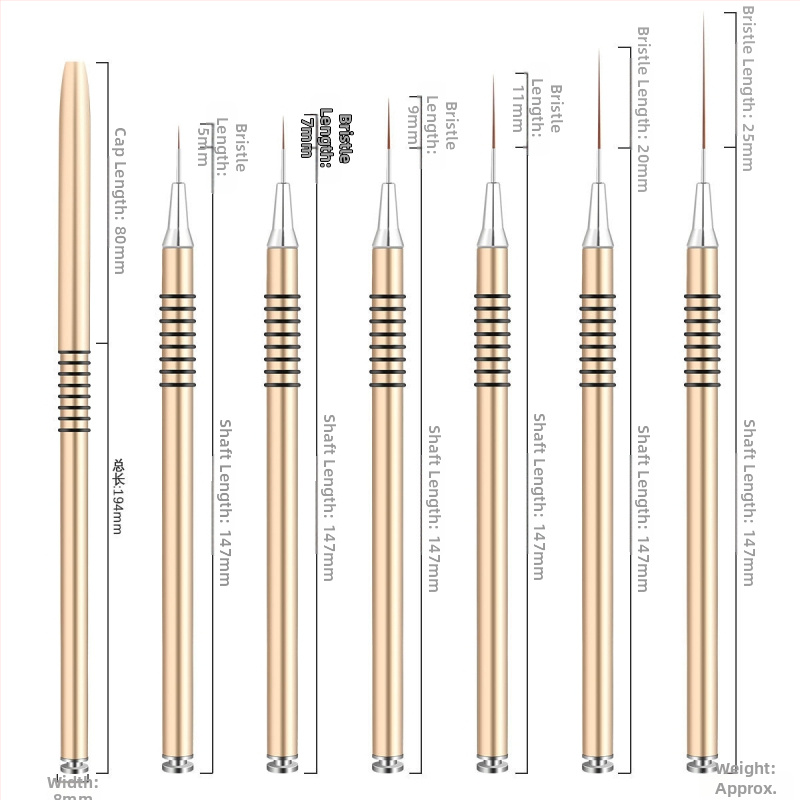 Sada štetcov na manikúru umenie, 6 kusov, s dlhými kovovými rukoväťami a 8 spirálnymi kruhmi pre čiary a maľovanie kvetov