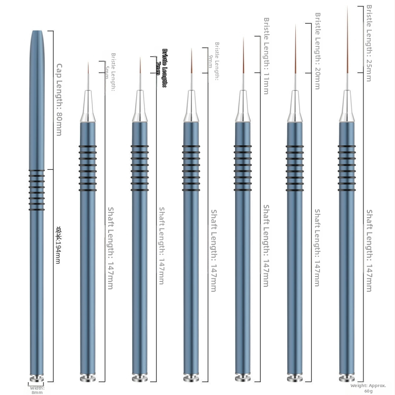 Sada štetcov na manikúru umenie, 6 kusov, s dlhými kovovými rukoväťami a 8 spirálnymi kruhmi pre čiary a maľovanie kvetov