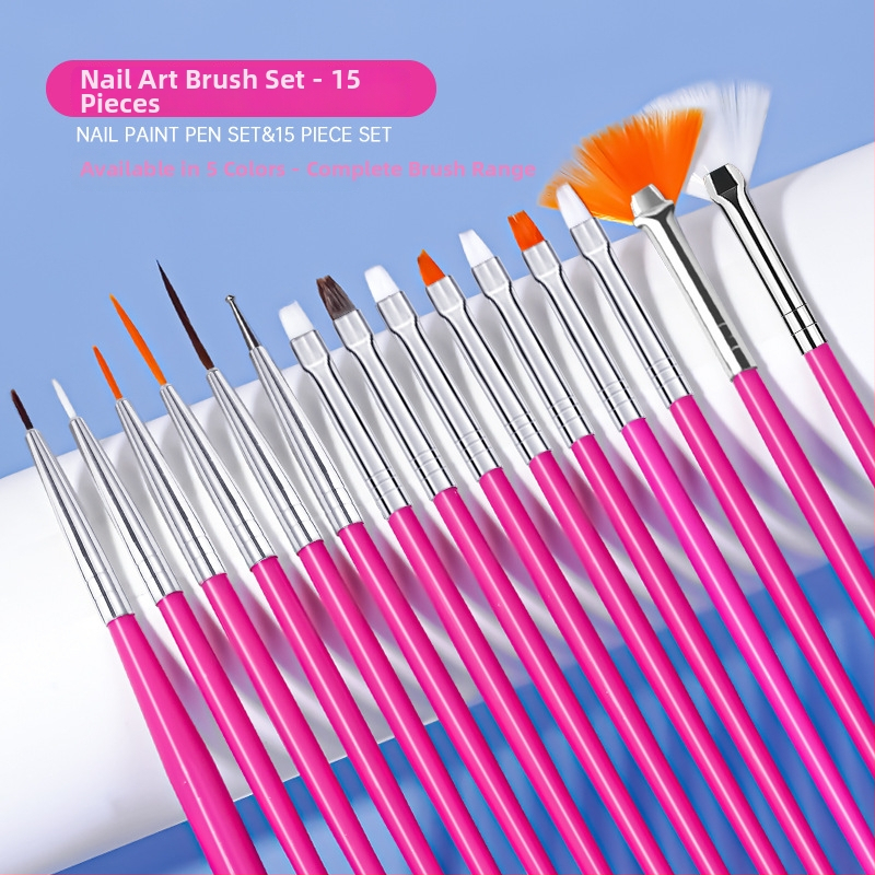 Set štetcov na manikúru, 15 kusov, plastová dlhá rúčka, OPP balenie