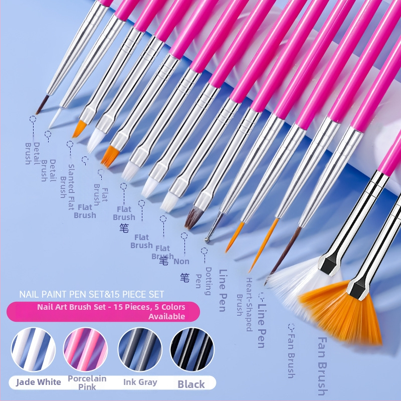 Set štetcov na manikúru, 15 kusov, plastová dlhá rúčka, OPP balenie