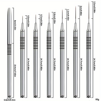 Set de 6 pensule pentru unghii cu mânere metalice lungi, priză spirală antiaderentă, stilou pentru desenarea liniilor și pensule colorate
