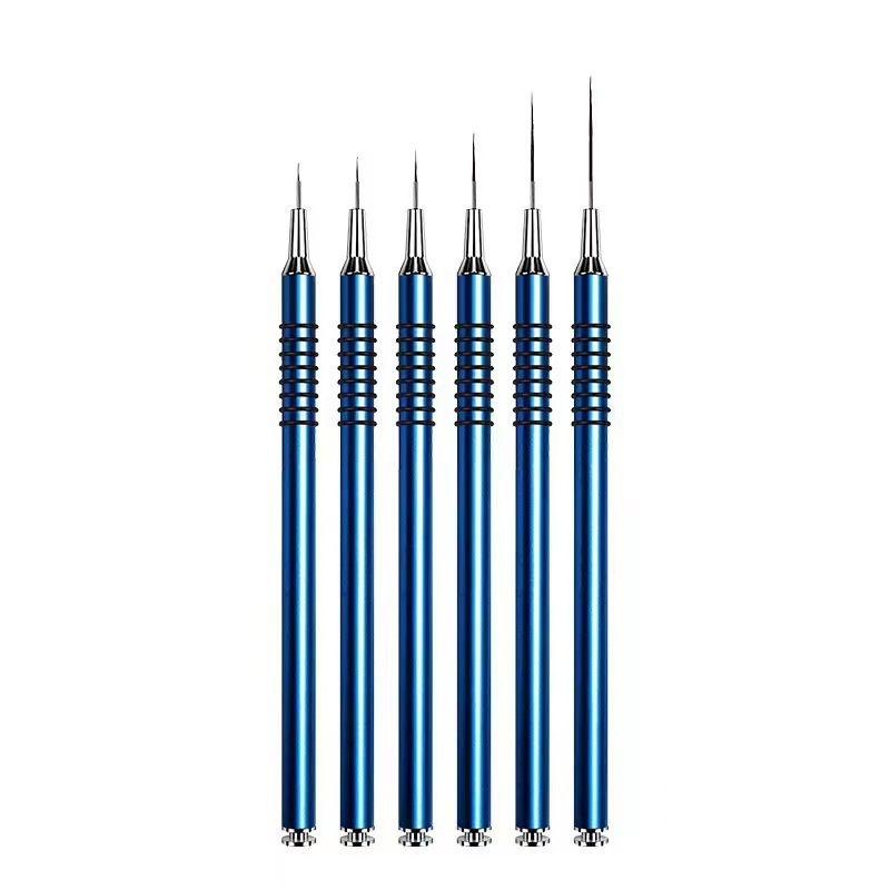 Set de 6 pensule pentru unghii cu mânere metalice lungi, priză spirală antiaderentă, stilou pentru desenarea liniilor și pensule colorate