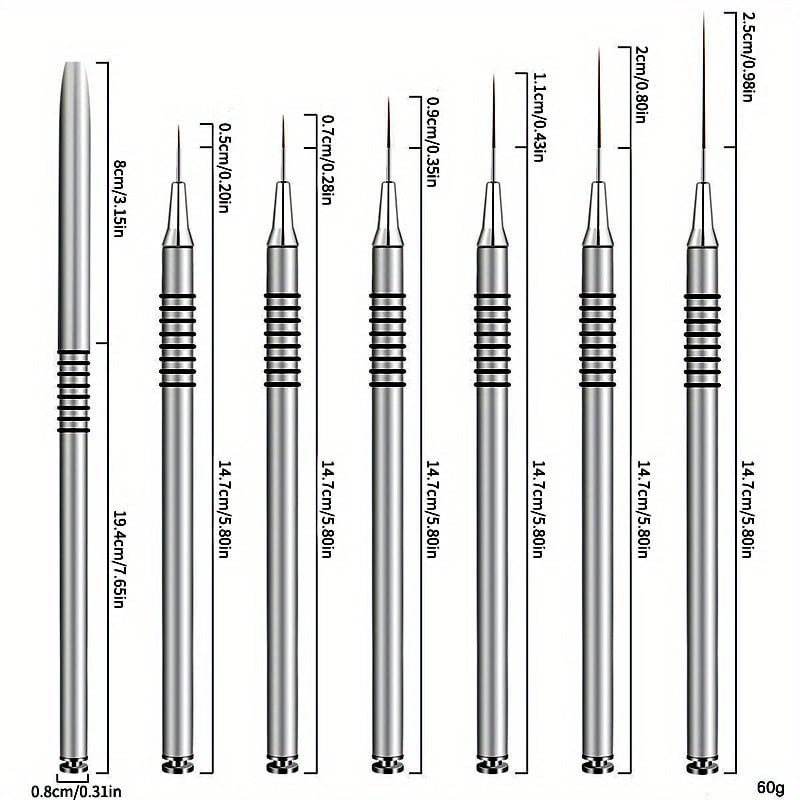 Set de 6 pensule pentru unghii cu mânere metalice lungi, priză spirală antiaderentă, stilou pentru desenarea liniilor și pensule colorate