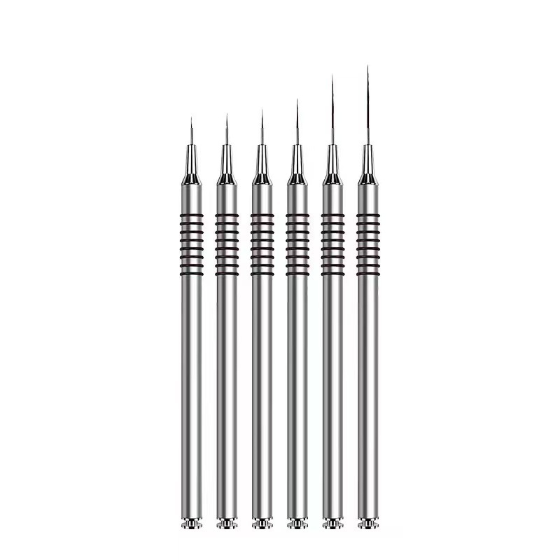 Set de 6 pensule pentru unghii cu mânere metalice lungi, priză spirală antiaderentă, stilou pentru desenarea liniilor și pensule colorate