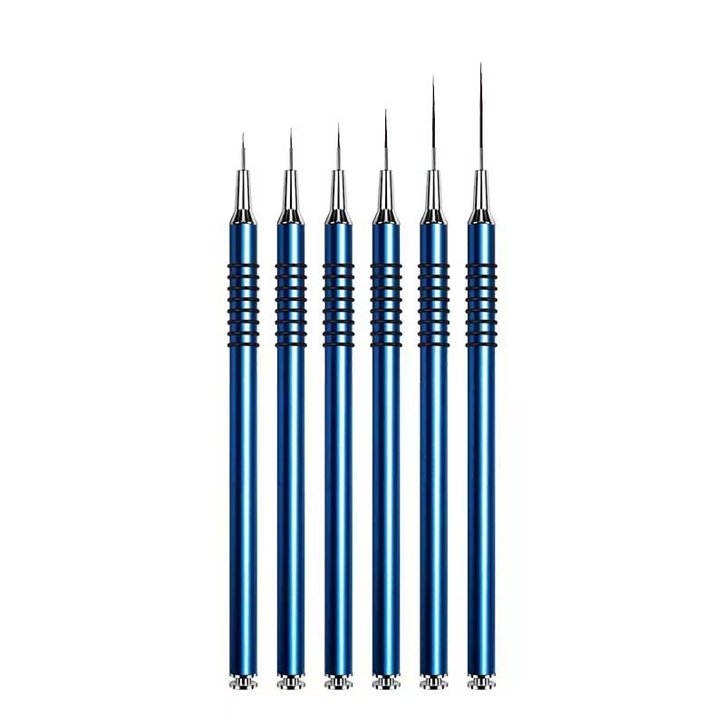 Set de 6 pensule pentru unghii cu mânere metalice lungi, priză spirală antiaderentă, stilou pentru desenarea liniilor și pensule colorate