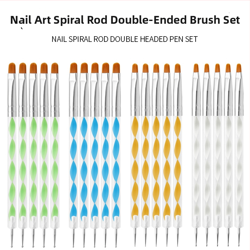 Sada štetcov na gél nechty, 5 kusov, dlhá rukoväť z akrylu, dvojstranné bodovacie pero Geliheng