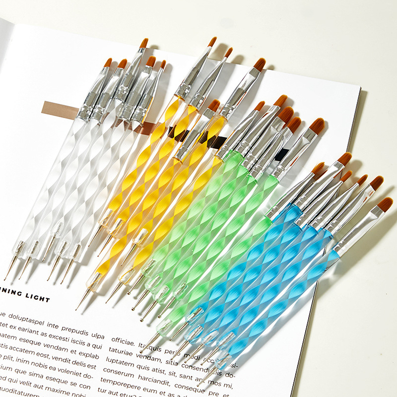 Set pensule gel pentru unghii, 5 bucăți, mâner lung din acrilic, pensule cu capete duble Geliheng