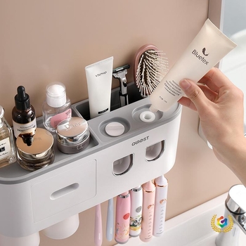 Držač četkice za zube, zidni, bez bušenja, plastičan, s pohranom i istiskivanjem paste