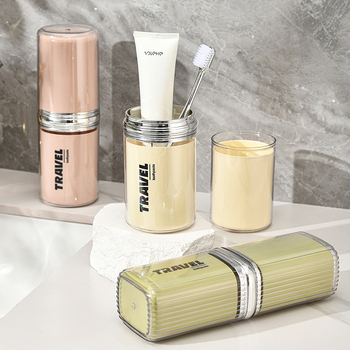 Putni držač četkica za zube s zatvorenim čašom za ispiranje i spremištem za pastu i četkicu, prijenosno, PP+PET