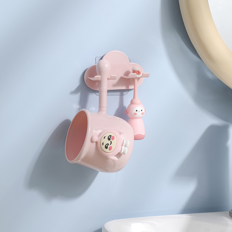 Zidni držač za četkicu s crtić dizajnom, čašom za ispiranje usta, PP materijal, kućna upotreba, mogućnost tiskanja loga