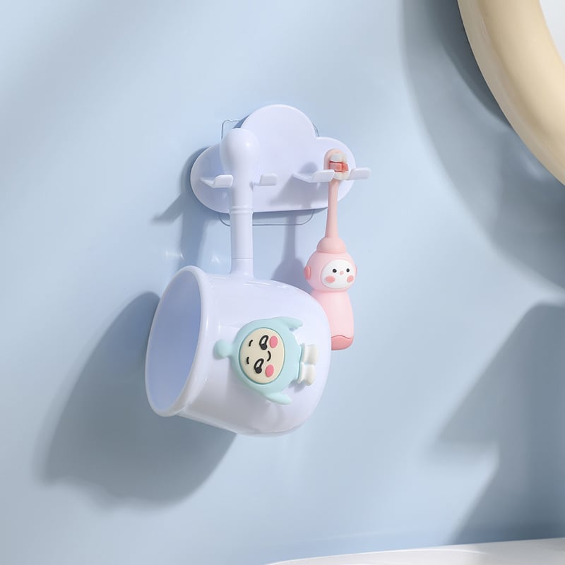 Zidni držač za četkicu s crtić dizajnom, čašom za ispiranje usta, PP materijal, kućna upotreba, mogućnost tiskanja loga