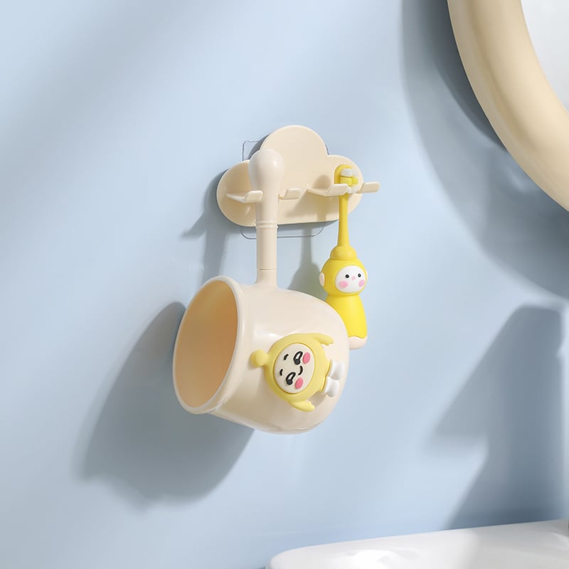 Zidni držač za četkicu s crtić dizajnom, čašom za ispiranje usta, PP materijal, kućna upotreba, mogućnost tiskanja loga