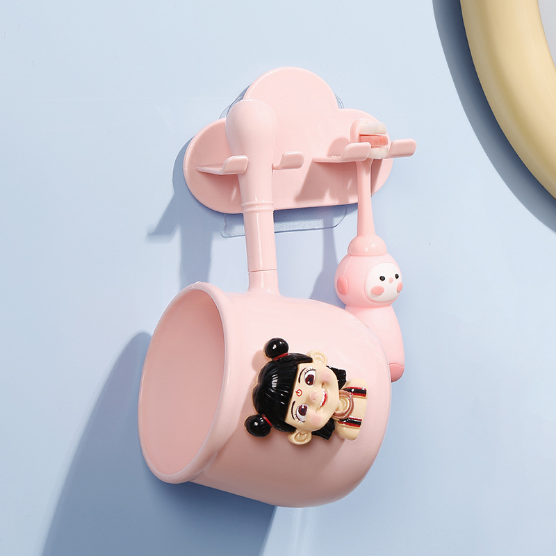 Zidni držač za četkicu s crtić dizajnom, čašom za ispiranje usta, PP materijal, kućna upotreba, mogućnost tiskanja loga