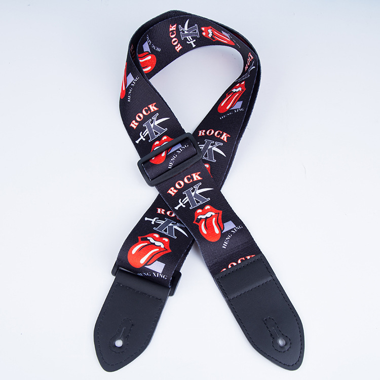 Каишка за китара, регулируема, с печатно лого, PU кожа, полиестерно-памучна материя, модел 666-2
