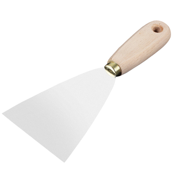 Špahtla za špakiranje od nehrđajućeg čelika, debela oštrica s oglednim završetkom, drvena drška, otvor za vješanje, za bojanje i žbukanje.