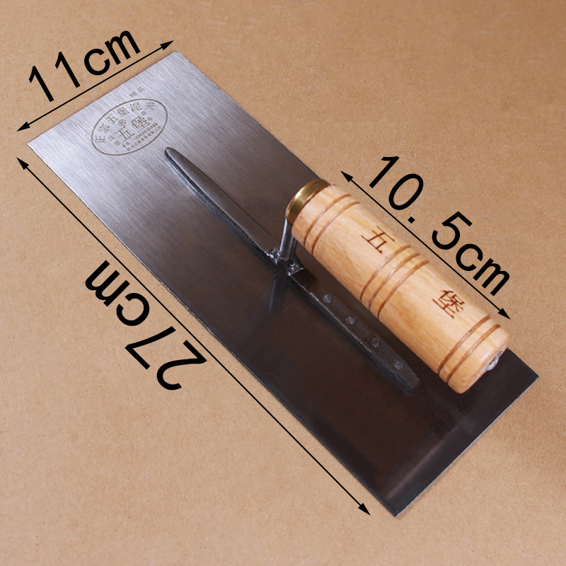 Mistrie de mortar cu mâner din lemn și inel de cupru, lamă din fier, suport pentru mortar