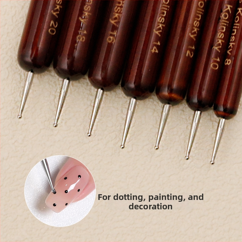 Set štetcov na nail art, 7 kusov, drevená rukoväť (rosewood), guľatá špička z mink vlasov, prenosný štýl, dvojité použitie na bodovanie a kreslenie