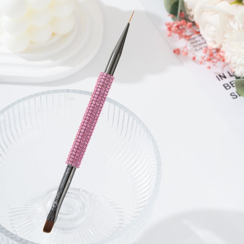 Perie dublă pentru sprânene și gene, cu încrustare diamant, cap plat înclinat, mâner acrilic lung