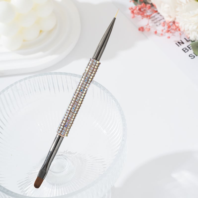 Perie dublă pentru sprânene și gene, cu încrustare diamant, cap plat înclinat, mâner acrilic lung