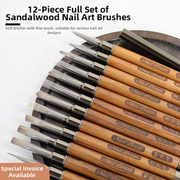 Štetec na nechty s drevenou rukoväťou, prenosný, sada 12 kusov, vyrezávané pero a rozmazávacie pero pre umenie nechtov