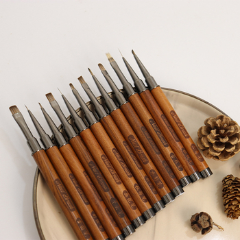 Pensulă pentru unghii cu mâner din lemn, portabilă, set de 12 bucăți, pensulă gravată și pensulă estompare pentru artă unghii