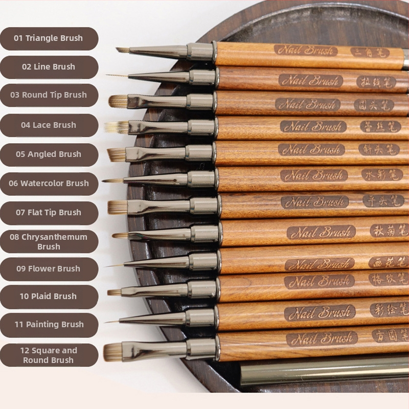 Štetec na nechty s drevenou rukoväťou, prenosný, sada 12 kusov, vyrezávané pero a rozmazávacie pero pre umenie nechtov
