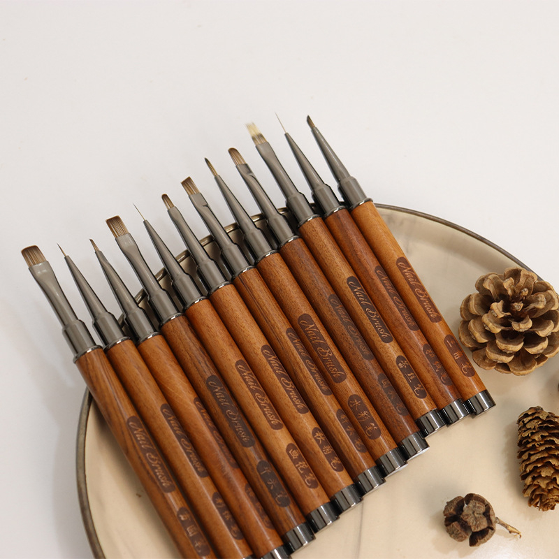 Pensulă pentru unghii cu mâner din lemn, portabilă, set de 12 bucăți, pensulă gravată și pensulă estompare pentru artă unghii