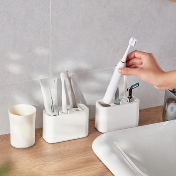 Višenamjenski držač za četkice za zube s čašom za ispiranje i zaštitnim poklopcem za zube — montaža bez bušenja, mogućnost otiska loga