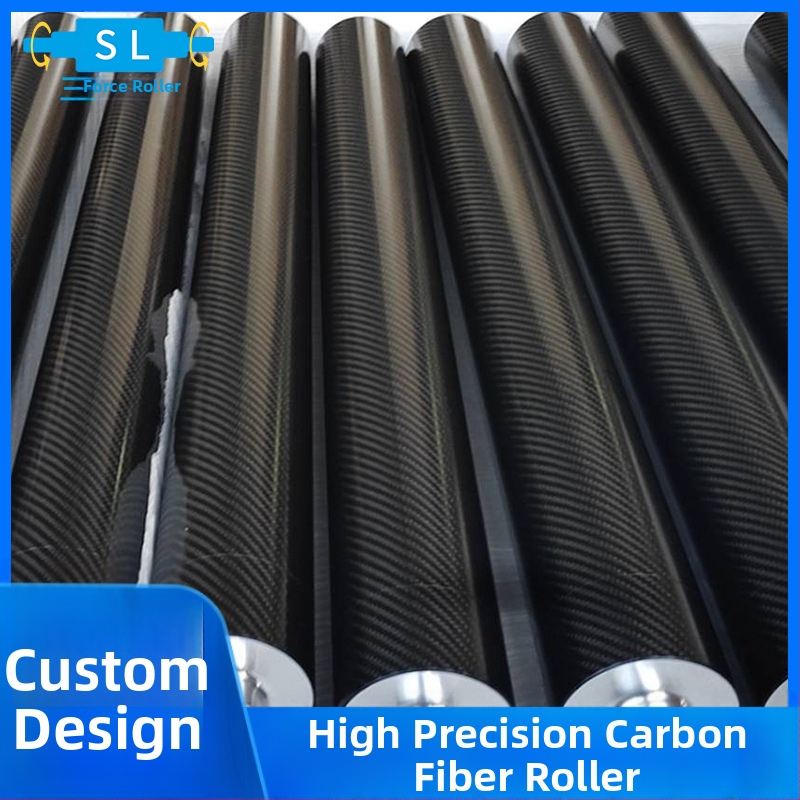 Karbonový roller pre vysokopríklové stroje – ľahký, karbonová trubka s hliníkovou hlavou hriadeľa a ložiskovým otvorom; priemer valca φ0,4 m, priemer hriadeľa φ20 mm, hrúbka steny ~2 mm, povrch maľovaný